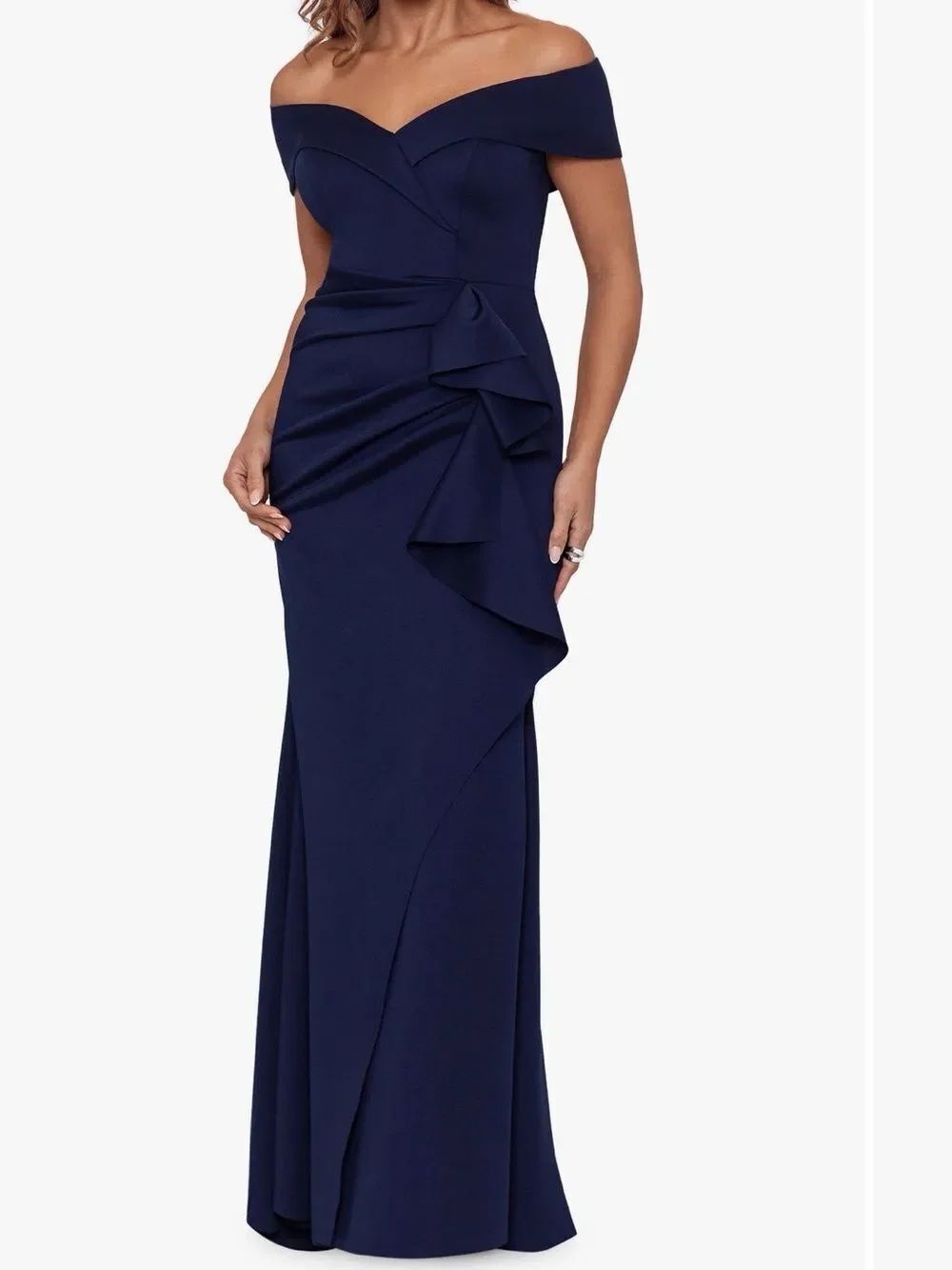 Xscape 4581X Long Scuba Off-the-Shoulder Ruffle Dress size 10 NWT $288